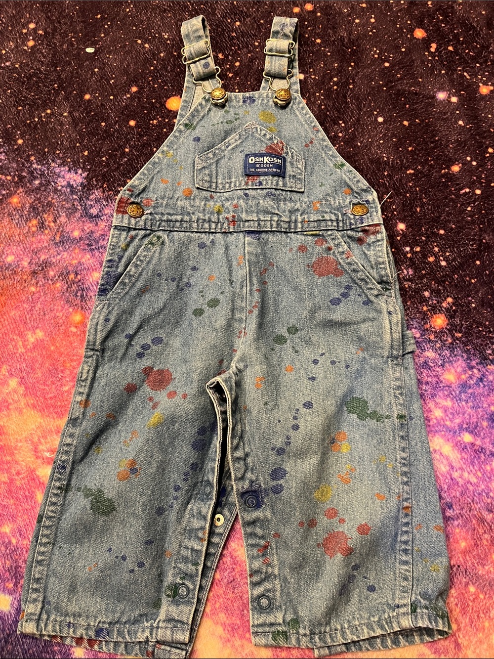 Vintage OshKosh B'gosh 24 months Light Denim Overalls Paint Splatters USA babies
